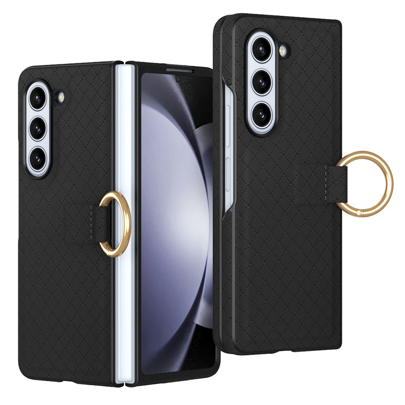 GKK Anti-Drop Phone Case for Samsung Galaxy Z Fold5 5G Grids Imprinted PU PC Phone Cover with Ring Finger Holder GKK Anti-Drop Phone Case for Samsung Galaxy Z Fold5 5G Grids Imprinted PU PC Phone Cover with Ring Finger Holder